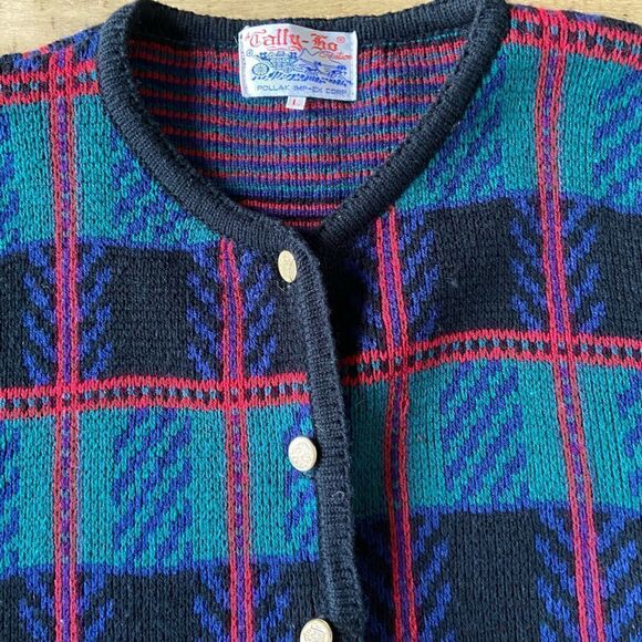 Vintage 1990s Tally-Ho Plaid Cardigan- size Large - Picture 2 of 6
